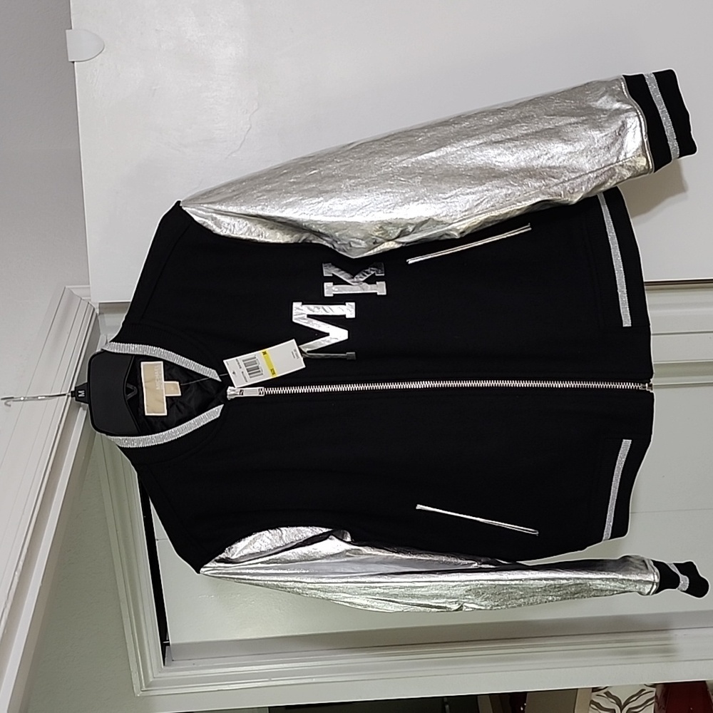 NWT Michael kors black/silver faux leather bomber jacke size med women's 8